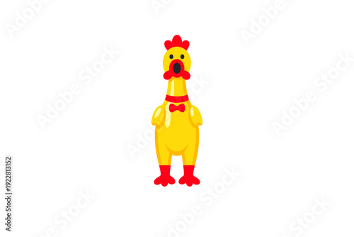 A flat vector illustration of a yellow rubber chicken toy with a red bow tie and comb, standing against a solid black background. The toy has an open mouth and black eyes.