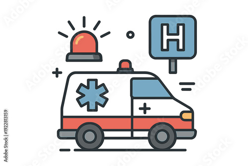 A flat vector illustration of an emergency ambulance with a red siren and a blue hospital sign. The design features a star of life symbol and simple geometric shapes on a black background.