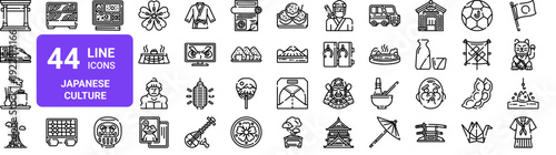 Set of 44 thin line Japanese culture icons including torii gate, maneki neko, origami, samurai, ninja, bonsai, sumo, sakura. Vector outline illustration pack