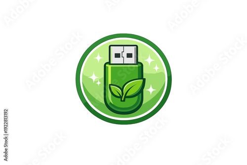 A green USB flash drive icon featuring a small leaf design, set within a circular frame with decorative stars. This illustration represents eco-friendly technology and data storage.