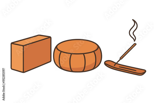 A vector illustration featuring a rectangular yoga block, a round meditation cushion, and a burning incense stick in a wooden holder, all set against a dark background.