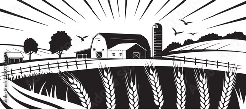 farm barn and silo with wheat field vector illustration