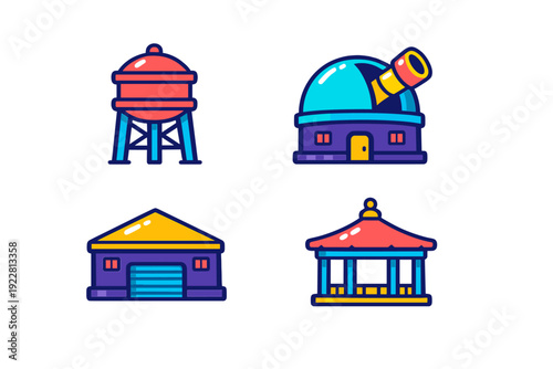 A set of four colorful flat icons featuring a red water tower, a blue observatory with a telescope, a purple garage with a yellow roof, and a red pavilion on a black background.