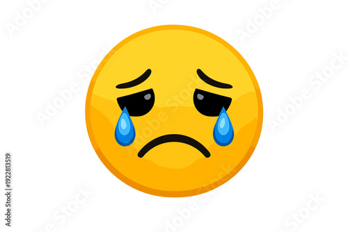 A yellow crying emoji face with large blue teardrops falling from its eyes and a sad frowning mouth, set against a solid black background in a simple vector illustration style.