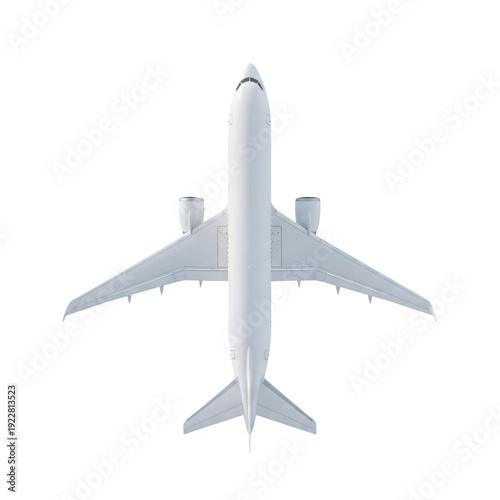 Plakat w ramie Top view of a white commercial passenger airplane isolated on a solid white background