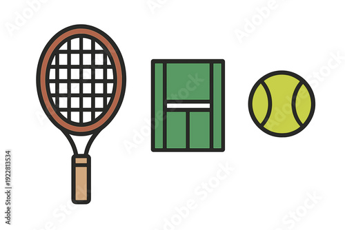 A flat vector illustration featuring a tennis racket, a green tennis court icon, and a yellow tennis ball arranged horizontally against a solid black background.