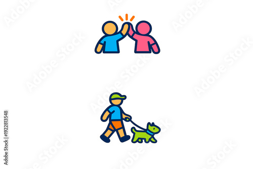 Two colorful vector icons on a black background. The top icon shows two people giving a high five, while the bottom icon depicts a person walking a green dog on a leash.