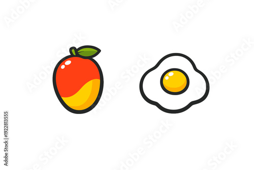 A vibrant cartoon illustration featuring a ripe mango with a green leaf and a sunny-side-up fried egg side-by-side on a solid black background. The style is clean and modern.