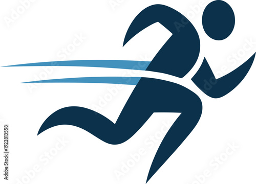 Stylized human figure sprinting with motion trails, dynamic speed action, minimalist navy blue vector illustration