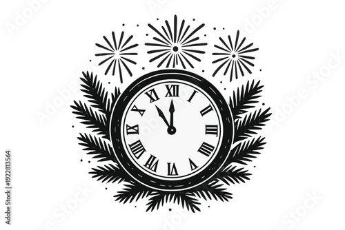 This black and white graphic features a clock face with Roman numerals approaching midnight, framed by evergreen pine needles and stylized fireworks for a festive New Year theme.