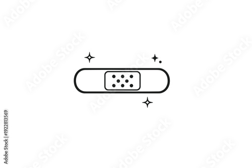 A minimalist line art icon of an adhesive bandage plaster surrounded by three small sparkles, presented in a clean white outline style on a solid black background.