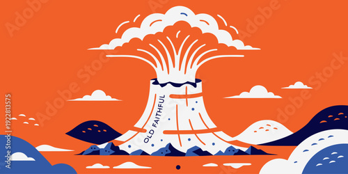 USA, US, U.S, United States - Old Faithful Geyser Illustration: Bold Orange Sky, Blue Hills, and Stylized Eruption Art Inspired by Yellowstone Landmark
