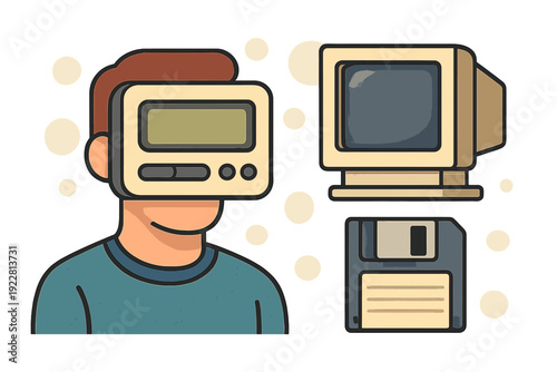 A flat illustration of a man wearing a pager as a virtual reality headset next to a vintage CRT computer monitor and a floppy disk, representing retro technology and nostalgia.