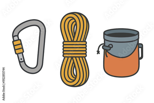 A flat illustration of rock climbing equipment including a grey carabiner, a coiled yellow rope, and an orange chalk bag, all set against a solid black background.