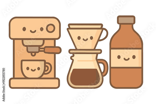 This illustration shows a collection of kawaii coffee equipment including an espresso maker, a pour-over set, and a bottle, all designed with simple smiling faces and warm tones.