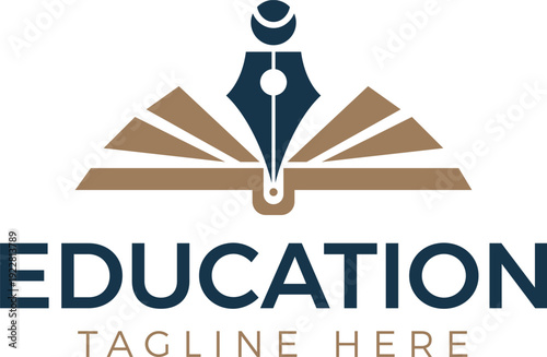 Premium Academic Logo with Fountain Pen Nib and Open Book for Professional Scholars, Elegant Literacy Emblem Featuring Calligraphy Pen and Literature Pages for Higher Education Vector illustration