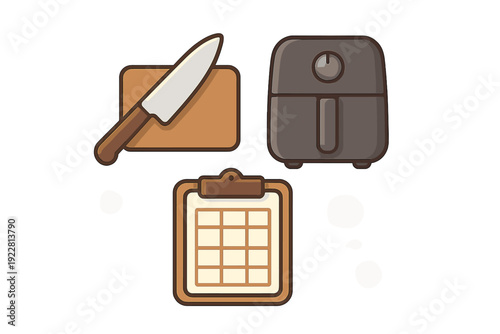 This flat vector illustration shows a kitchen knife on a cutting board, a modern air fryer appliance, and a clipboard with a meal planning grid against a dark background.