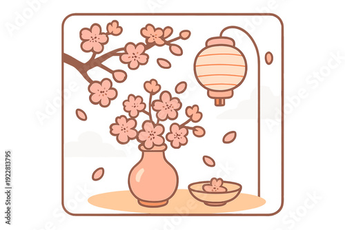 A stylized cartoon vector illustration of cherry blossom season featuring a vase of flowers, a hanging lantern, and falling petals in a warm peach and brown color palette.