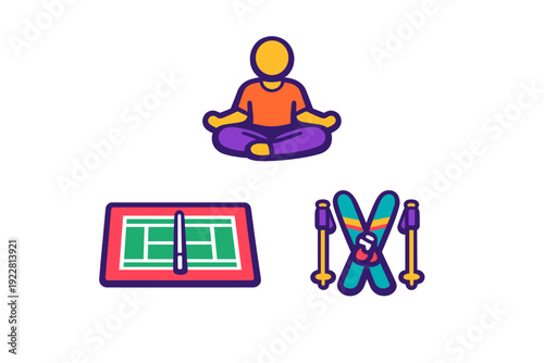 A collection of three colorful icons on a black background representing different sports and wellness activities, including a person meditating, a tennis court, and a pair of skis.