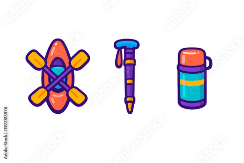 A set of three colorful outdoor activity icons featuring an orange kayak with paddles, a purple trekking pole, and a thermos bottle, all isolated on a black background.