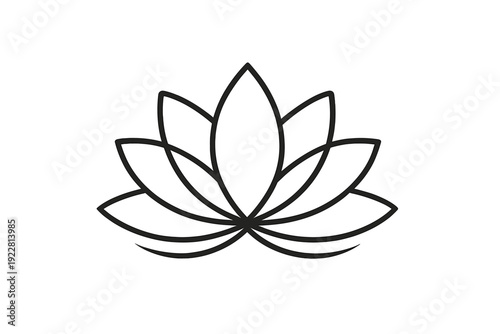 A minimalist white line art illustration of a symmetrical lotus flower symbol, representing zen, meditation, and spiritual wellness on a black textured background.