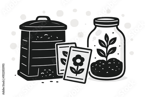 A black and white illustration featuring a compost bin, two seed packets with floral designs, and a small plant growing in a glass jar filled with soil against a spotted background.