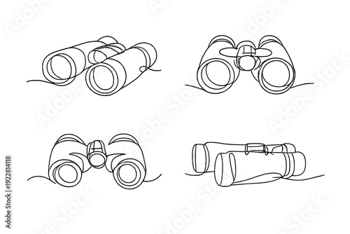 Four white line art illustrations of binoculars shown from various angles on a black background. The minimalist continuous line style creates a modern and artistic look.