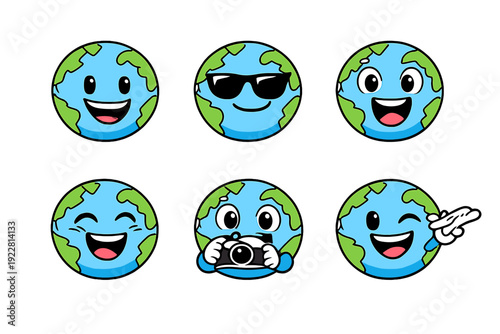 Six cute cartoon planet Earth mascots showing different emotions like happiness, coolness, and excitement, with one character taking a photo and another pointing on a black background.