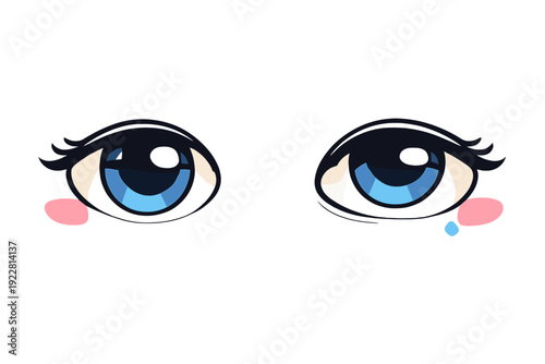 Stylized anime eyes with blue irises and long lashes are set against a dark background. Pink blush spots and a single blue teardrop under one eye suggest a feeling of melancholy.
