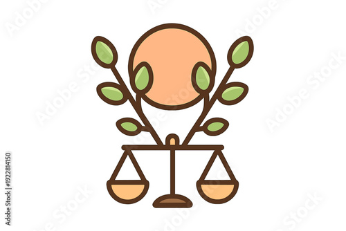 This flat minimal illustration features a balanced scale with green leafy branches growing from its center, positioned in front of a large peach circle on a black background.