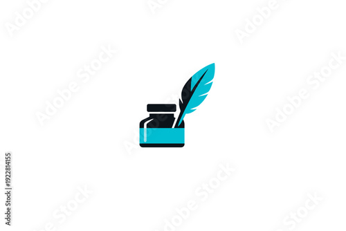 A stylized vector graphic featuring a black ink bottle filled with cyan liquid and a matching quill feather. The design is simple and modern, isolated on a dark background.