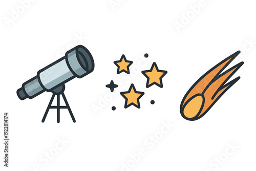A flat illustration of a grey telescope on a tripod positioned next to three yellow stars and a streaking orange comet. The simple graphic is set against a dark background.