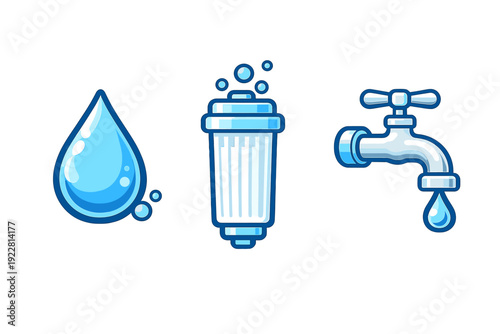 Three blue icons representing water purification, including a large water drop, a filter cartridge with bubbles, and a faucet with a falling droplet on a black background.