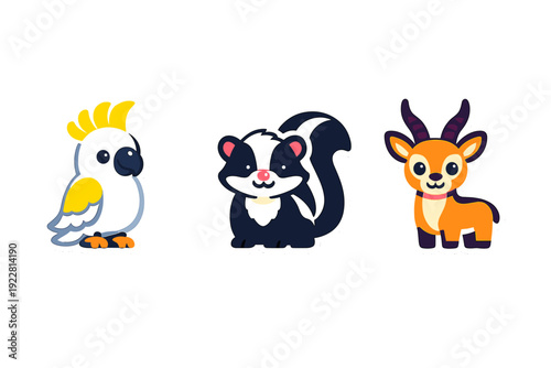 Three adorable animal stickers including a cockatoo with a yellow crest, a skunk, and an antelope. Each character has a thick white border and is set against a black backdrop.