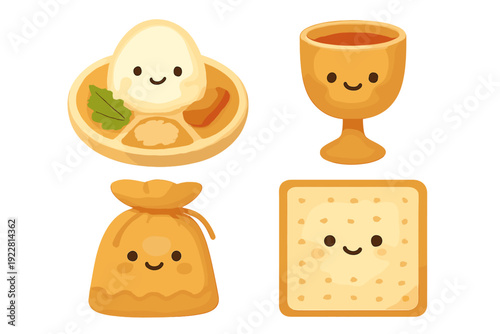 Four adorable Passover icons featuring a seder plate, wine goblet, sack, and matzah cracker with smiling faces. The illustrations have a soft watercolor texture on a black background.