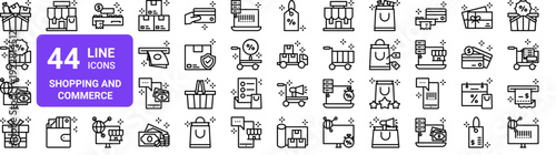 Set of 44 thin line shopping and e-commerce icons. Shopping cart, basket, payment, delivery, discount. Outline vector illustration pack
