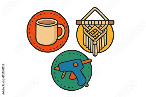 A set of three circular craft-themed badges featuring a ceramic coffee mug, a macrame wall hanging, and a blue hot glue gun, all presented in a flat illustration style on a black background.