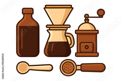This flat vector illustration features various coffee making tools such as a bottle, a pour-over carafe, a manual grinder, a spoon, and a portafilter in warm brown tones.