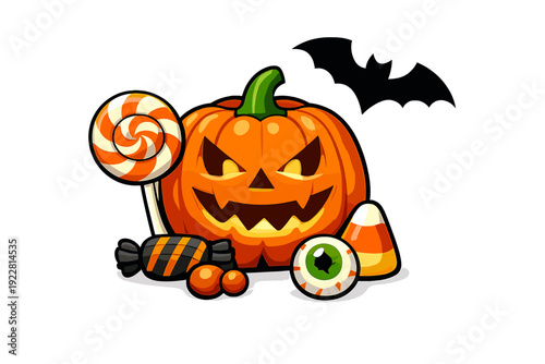 This festive Halloween graphic features a glowing carved pumpkin with a collection of spooky sweets including a lollipop and candy corn, set against a dark black background.