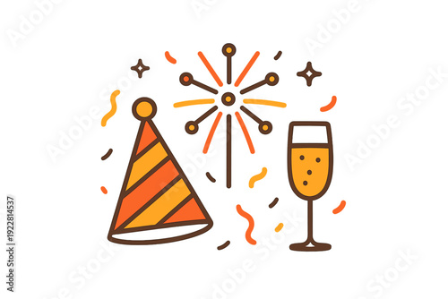 This flat vector illustration shows a striped party hat, a bursting firework, and a champagne flute with bubbles, all surrounded by colorful confetti on a solid black background.
