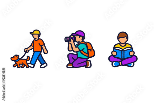 Three colorful flat vector illustrations of people participating in different activities such as walking a pet dog, taking a photo with a camera, and reading a book on a black background.