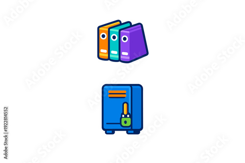 A set of two colorful icons featuring three upright ring binders in orange, teal, and purple, and a blue security safe with a green padlock, isolated on a black background.