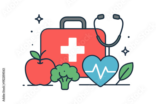 A flat vector illustration featuring a red first aid kit, a stethoscope, a red apple, green broccoli, and a blue heart with a heartbeat line, representing health and wellness.