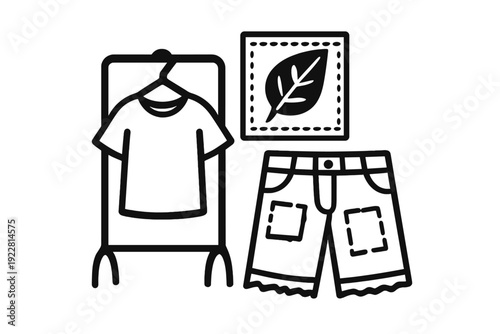 A minimalist line art illustration featuring a t-shirt on a rack, a pair of patched shorts, and a leaf icon, representing sustainable fashion and eco-friendly clothing concepts.