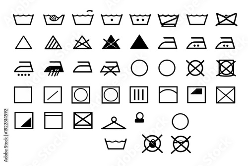 This image features a set of black and white laundry care symbols arranged in rows. The icons represent various garment maintenance instructions like washing, bleaching, and ironing.
