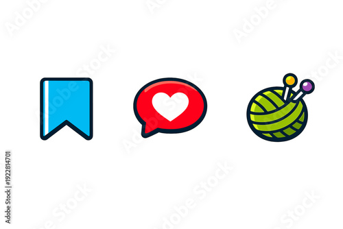 A collection of three stylized icons including a blue bookmark, a red heart in a speech bubble, and a green ball of yarn with knitting needles, all set against a black background.