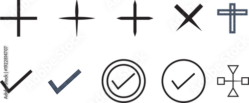 Minimalist Interface Icon Set Featuring Check marks Crosses and Navigation Symbols for Web and Mobile UI Design