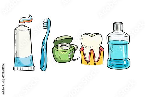 An illustration of dental care products including a tube of toothpaste, a blue toothbrush, dental floss, a tooth with gums, and a bottle of mouthwash on a black background.