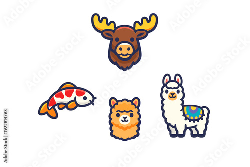 A collection of four cute cartoon animal illustrations including a moose, a koi fish, and two alpacas, set against a solid black background in a flat vector style.