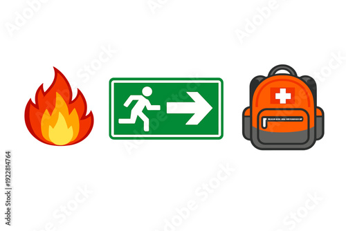 Three icons representing emergency preparedness: a stylized fire flame, a green emergency exit sign with a running figure, and an orange first aid backpack with a white cross.